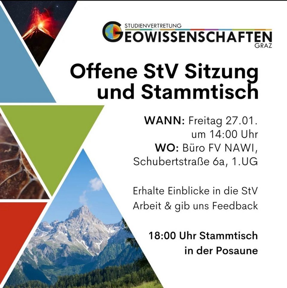 Offene StV Sitzung und Stammtisch Wann? Freitag 27.01 um 14:00 Uhr Wo? Büro Fakultätsvertratung NAWI, Schubertstraße 6a, 1.UG Erhalte Einblicke in die StV Arbeit & gib uns Feedback 18:00 Uhr Stammtisch in der Posaune